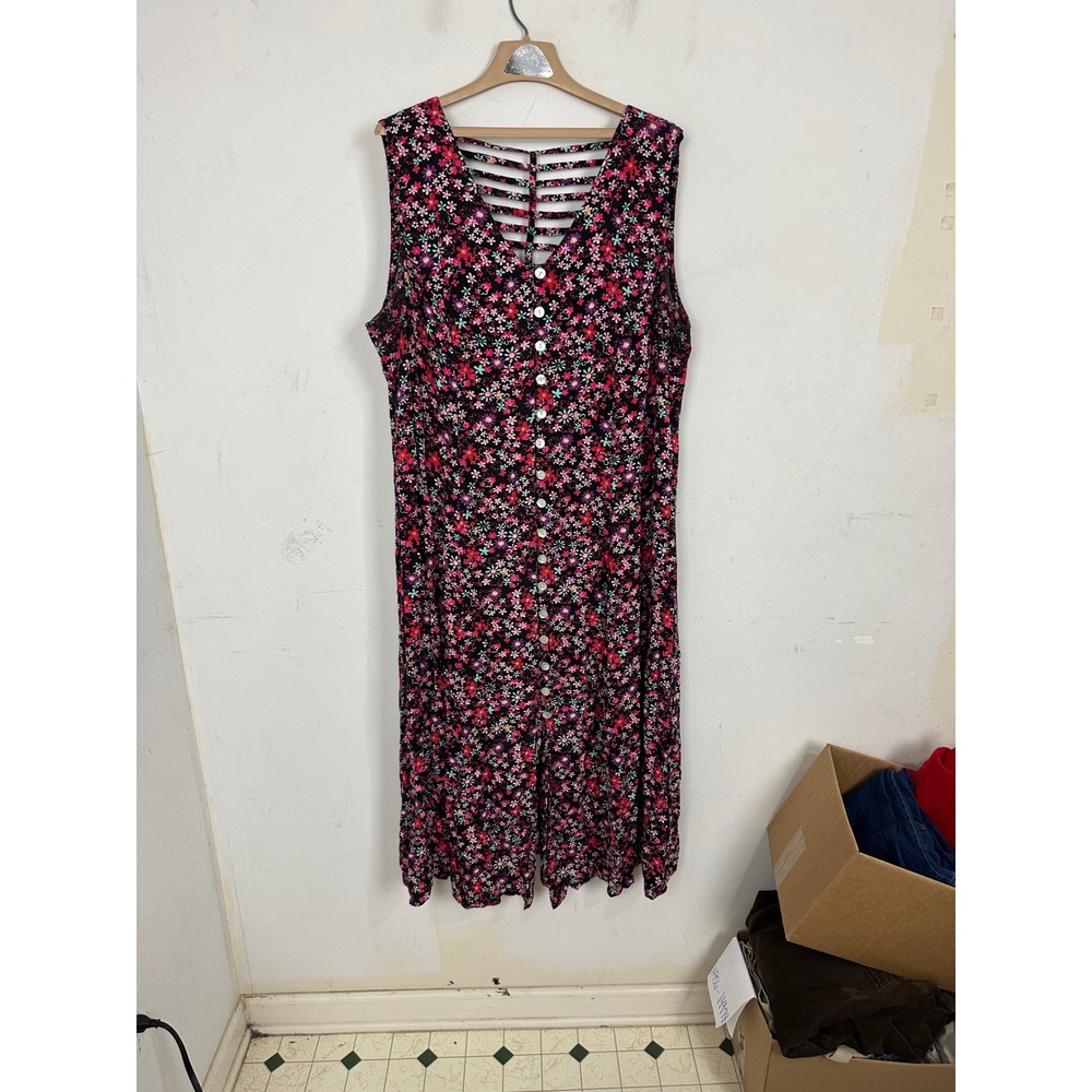 JBS Ltd Women Floral Button Down Sleeveless Midi Dress Black Pink Plus 22W Rayon